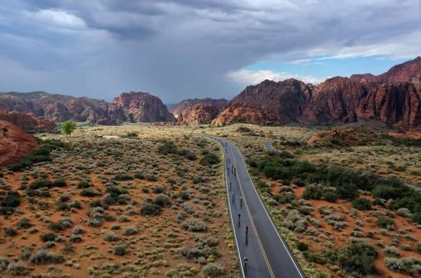 Athletes ride through Snow Canyon State Park during the IRONMAN 70.3 World Championship on September 18, 2021 in St George, Utah.