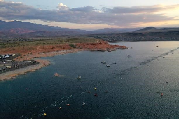 Athletes swim in Sand Hollow Reservoir during the IRONMAN 70.3 World Championship on September 18, 2021 in St George, Utah.