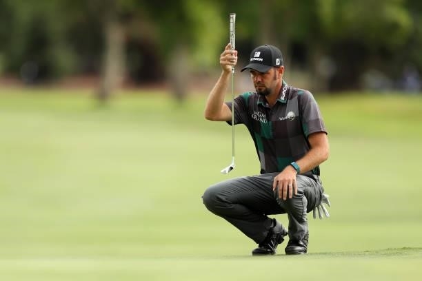 Troy Merritt lines up his putt on the 12th hole during round three of the Fortinet Championship at Silverado Resort and Spa on September 18, 2021 in...