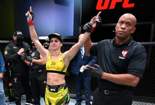 Ariane Lipski of Brazil reacts after her victory over Mandy Bohm of Germany in a flyweight fight during the UFC Fight Night event at UFC APEX on...