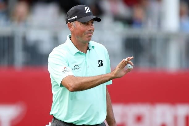 Matt Kuchar reacts on the 18th hole during round three of the Fortinet Championship at Silverado Resort and Spa on September 18, 2021 in Napa,...