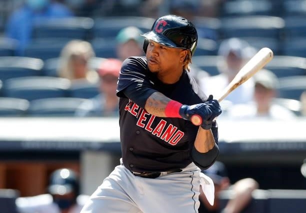Jose Ramirez of the Cleveland Indians in action against the New York Yankees at Yankee Stadium on September 18, 2021 in New York City. The Indians...