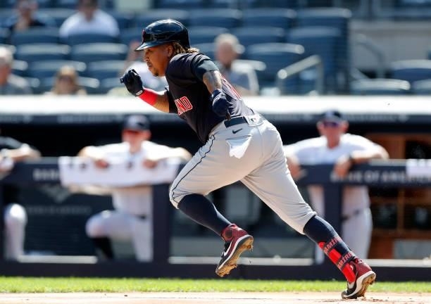Jose Ramirez of the Cleveland Indians in action against the New York Yankees at Yankee Stadium on September 18, 2021 in New York City. The Indians...