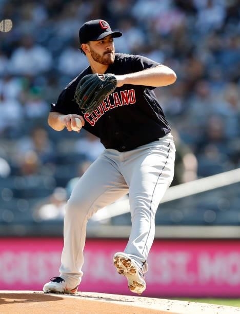 Aaron Civale of the Cleveland Indians in action against the New York Yankees at Yankee Stadium on September 18, 2021 in New York City. The Indians...