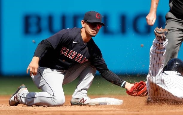 Andres Gimenez of the Cleveland Indians in action against the New York Yankees at Yankee Stadium on September 18, 2021 in New York City. The Indians...
