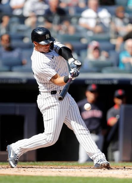 Gleyber Torres of the New York Yankees connects on a base hit against the Cleveland Indians at Yankee Stadium on September 18, 2021 in New York City....
