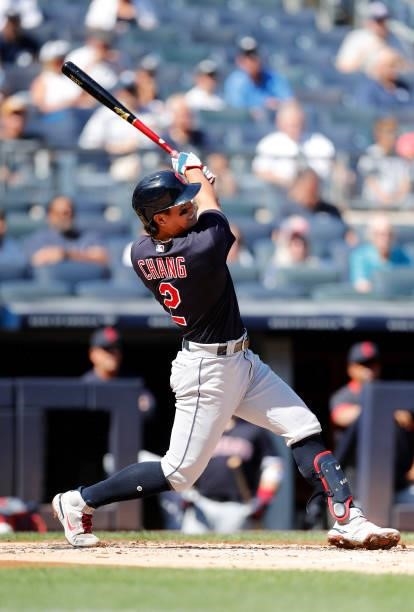 Yu Chang of the Cleveland Indians follows through on his second inning home run against the New York Yankees at Yankee Stadium on September 18, 2021...