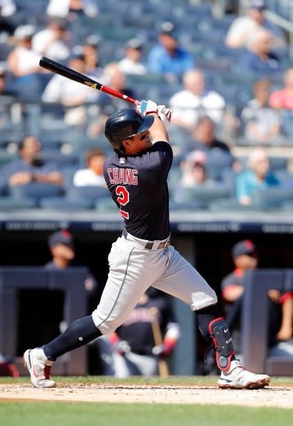 Yu Chang of the Cleveland Indians follows through on his second inning home run against the New York Yankees at Yankee Stadium on September 18, 2021...