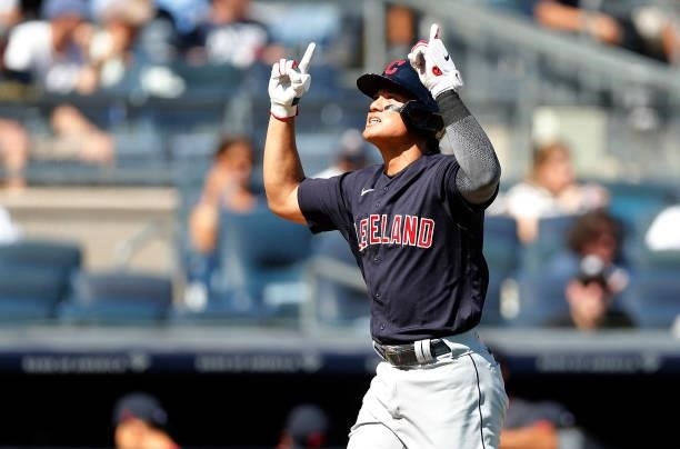 Yu Chang of the Cleveland Indians reacts as he runs the bases after his second inning home run against the New York Yankees at Yankee Stadium on...
