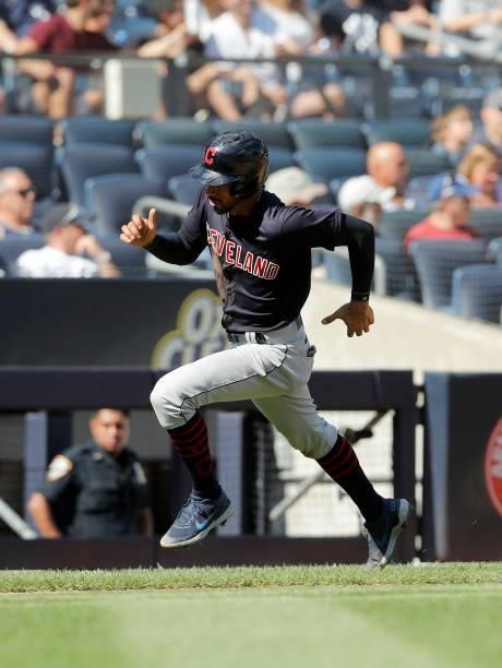 Oscar Mercado of the Cleveland Indians in action against the New York Yankees at Yankee Stadium on September 18, 2021 in New York City. The Indians...