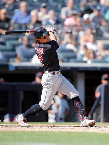 Yu Chang of the Cleveland Indians follows through on a fifth inning two run double against the New York Yankees at Yankee Stadium on September 18,...