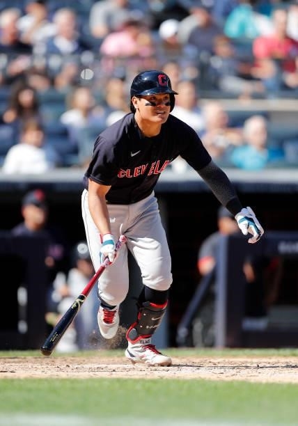 Yu Chang of the Cleveland Indians follows through on a fifth inning two run double against the New York Yankees at Yankee Stadium on September 18,...