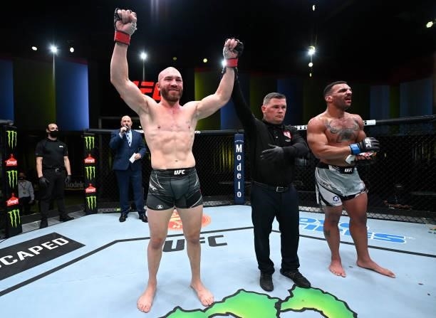 Ion Cutelaba of Moldova reacts after his victory over Devin Clark in a light heavyweight fight during the UFC Fight Night event at UFC APEX on...