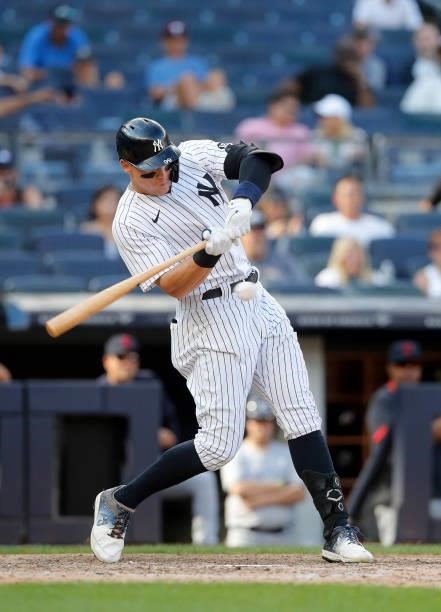 Aaron Judge of the New York Yankees in action against the Cleveland Indians at Yankee Stadium on September 18, 2021 in New York City. The Indians...