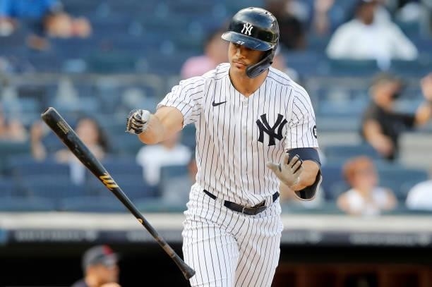 Giancarlo Stanton of the New York Yankees in action against the Cleveland Indians at Yankee Stadium on September 18, 2021 in New York City. The...