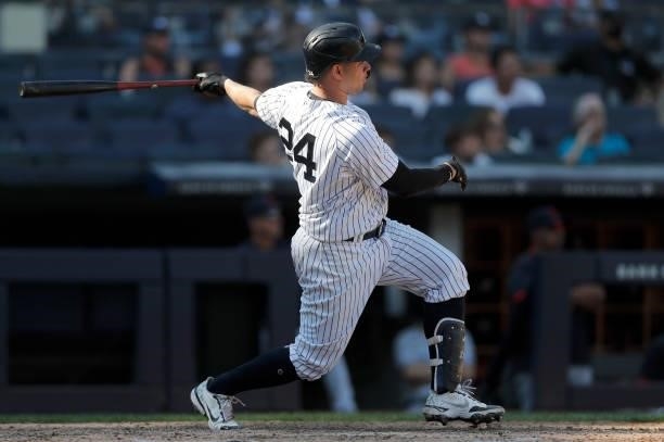 Gary Sanchez of the New York Yankees singles against the Cleveland Indians at Yankee Stadium on September 18, 2021 in New York City. The Indians...