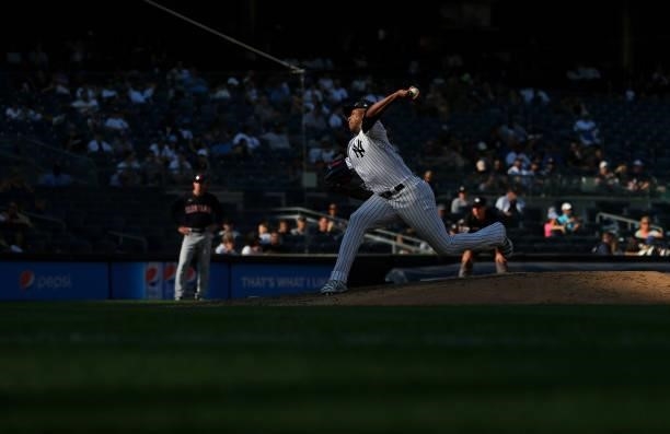 Joely Rodriguez of the New York Yankees in action against the Cleveland Indians at Yankee Stadium on September 18, 2021 in New York City. The Indians...