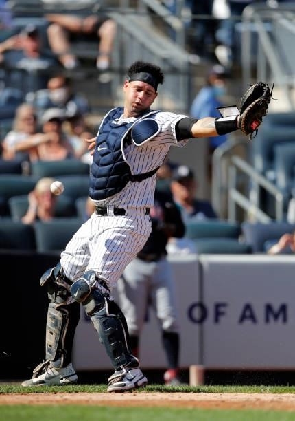 Gary Sanchez of the New York Yankees misses a pop up during the fifth inning against the Cleveland Indians at Yankee Stadium on September 18, 2021 in...