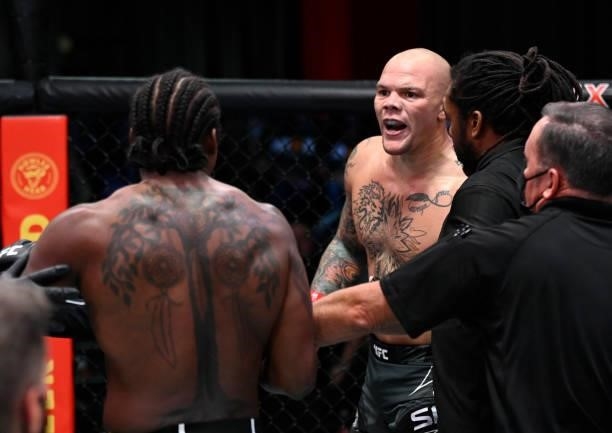 Anthony Smith and Ryan Spann have words after their light heavyweight fight during the UFC Fight Night event at UFC APEX on September 18, 2021 in Las...