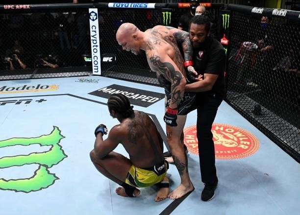 Anthony Smith and Ryan Spann have words after their light heavyweight fight during the UFC Fight Night event at UFC APEX on September 18, 2021 in Las...