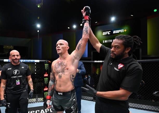 Anthony Smith reacts after his victory over Ryan Spann in a light heavyweight fight during the UFC Fight Night event at UFC APEX on September 18,...