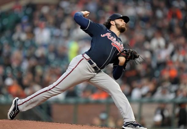 Ian Anderson of the Atlanta Braves pitches against the San Francisco Giants in the bottom of the first inning at Oracle Park on September 17, 2021 in...