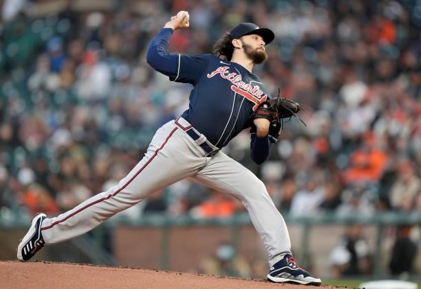 Ian Anderson of the Atlanta Braves pitches against the San Francisco Giants in the bottom of the first inning at Oracle Park on September 17, 2021 in...