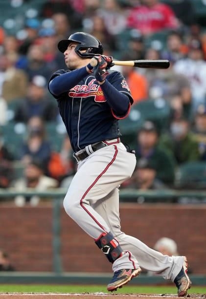 Austin Riley of the Atlanta Braves hits a single against the San Francisco Giants in the top of the first inning at Oracle Park on September 17, 2021...