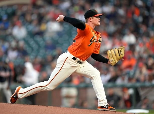 Logan Webb of the San Francisco Giants pitches against the Atlanta Braves in the top of the first inning at Oracle Park on September 17, 2021 in San...
