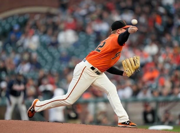 Logan Webb of the San Francisco Giants pitches against the Atlanta Braves in the top of the first inning at Oracle Park on September 17, 2021 in San...