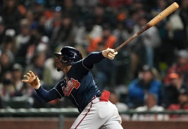 Ozzie Albies of the Atlanta Braves bats against the San Francisco Giants in the top of the 10th inning at Oracle Park on September 17, 2021 in San...