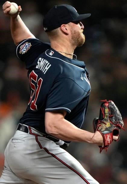 Will Smith of the Atlanta Braves pitches against the San Francisco Giants in the bottom of the ninth inning at Oracle Park on September 17, 2021 in...