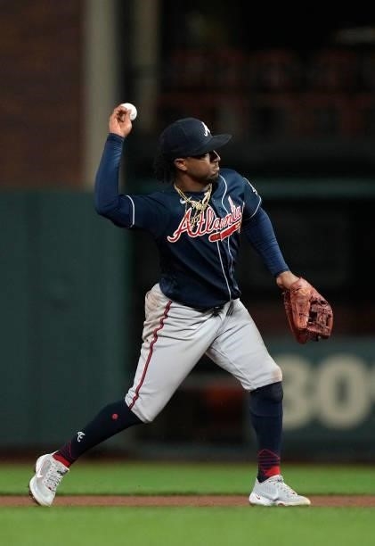 Ozzie Albies of the Atlanta Braves throws to first base throwing out Tommy La Stella of the San Francisco Giants in the bottom of the seventh inning...