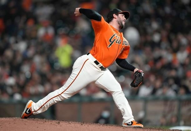 Dominic Leone of the San Francisco Giants pitches against the Atlanta Braves in the top of the eighth inning at Oracle Park on September 17, 2021 in...