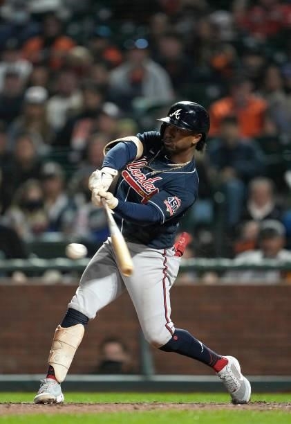 Ozzie Albies of the Atlanta Braves bats against the San Francisco Giants in the top of the eighth inning at Oracle Park on September 17, 2021 in San...