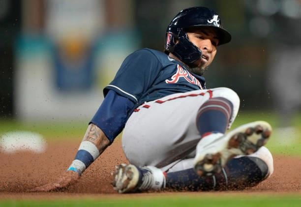 Atlanta Braves slides into third base safe against the San Francisco Giants in the top of the fourth inning at Oracle Park on September 17, 2021 in...