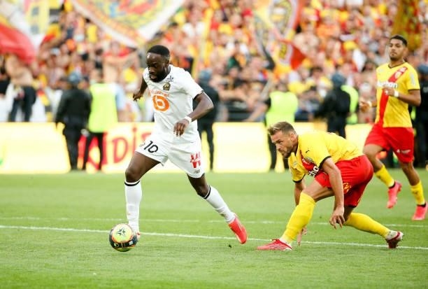 Jonathan Ikone of Lille, Jonathan Gradit of Lens during the Ligue 1 Uber Eats match between RC Lens and Lille OSC at Stade Bollaert-Delelis on...