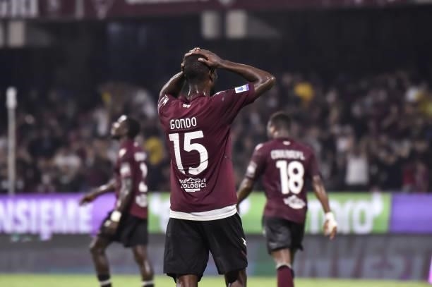 Cedric Gondo of Salernitana is desperate after a missed goal during the Serie A match between US Salernitana v Atalanta BC at Stadio Arechi on...
