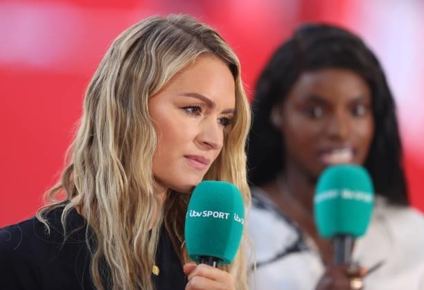 Laura Woods reports for ITV Sport television during the FIFA Women's World Cup 2023 Qualifier group D match between England and North Macedonia at...
