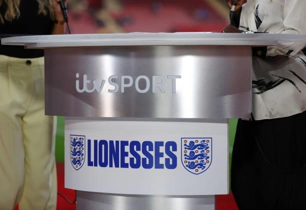 Detailed view of ITV sport television logo and Lionesses England crest ahead of the FIFA Women's World Cup 2023 Qualifier group D match between...