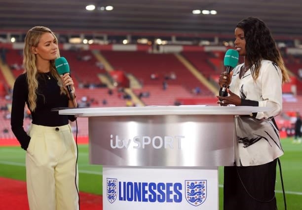 Laura Woods and Eni Aluko report pitchside for ITV Sport television ahead of the FIFA Women's World Cup 2023 Qualifier group D match between England...