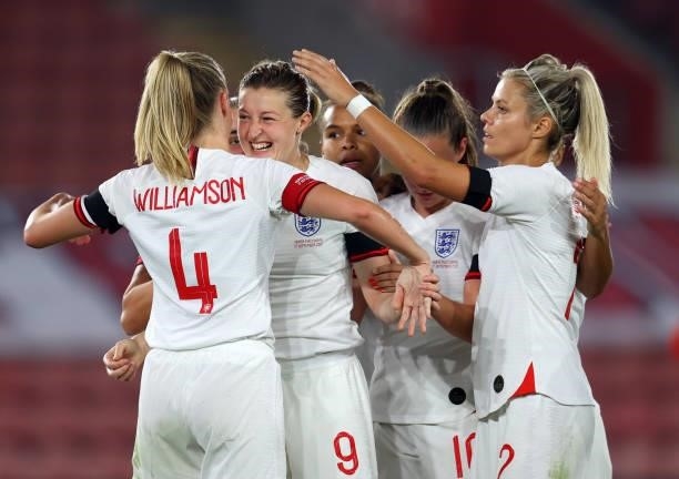 Ellen White of England celebrates with her team mates during the FIFA Women's World Cup 2023 Qualifier group D match between England and North...