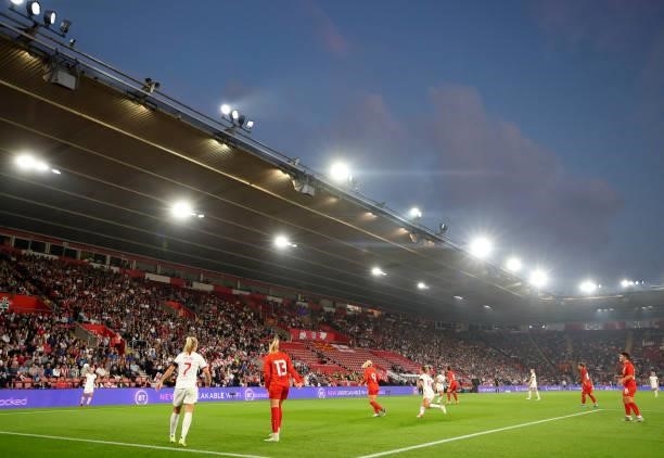 General view as Rachel Daly prepares to take a throw in during the FIFA Women's World Cup 2023 Qualifier group D match between England and North...