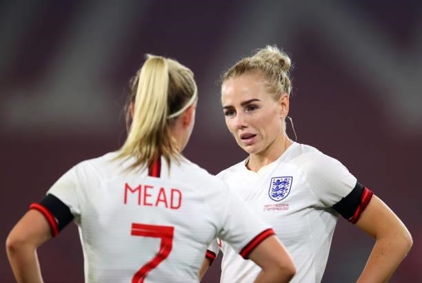 Alex Greenwood of England talks to Beth Mead during the FIFA Women's World Cup 2023 Qualifier group D match between England and North Macedonia at...