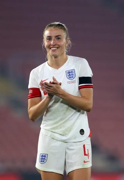 Leah Williamson of England applauds after the FIFA Women's World Cup 2023 Qualifier group D match between England and North Macedonia at St. Mary's...