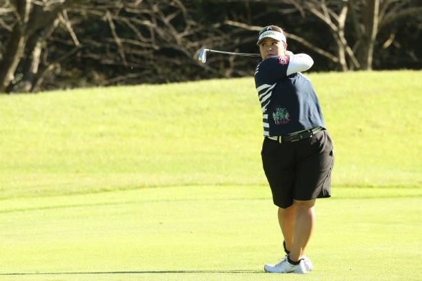 Miki Sakai of Japan hits her second shot on the 1st hole during the final round of the Sumitomo Life Vitality Ladies Tokai Classic at Shin Minami...