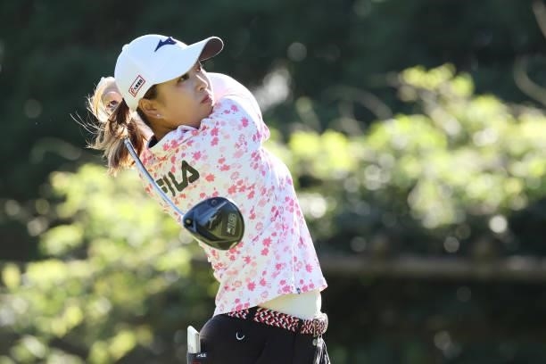 Mao Saigo of Japan hits her tee shot on the 3rd hole during the final round of the Sumitomo Life Vitality Ladies Tokai Classic at Shin Minami Aichi...