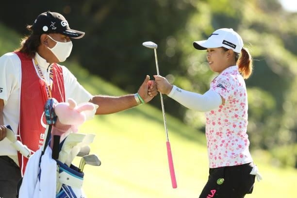Mao Saigo of Japan celebrates after making her birdie putt on the 1st hole during the final round of the Sumitomo Life Vitality Ladies Tokai Classic...