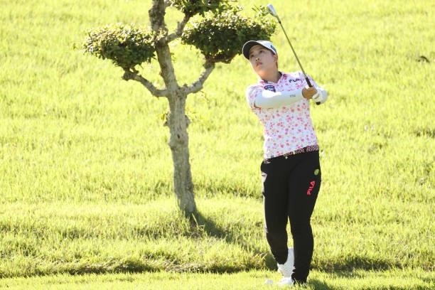 Mao Saigo of Japan hits her second shot on the 2nd hole during the final round of the Sumitomo Life Vitality Ladies Tokai Classic at Shin Minami...