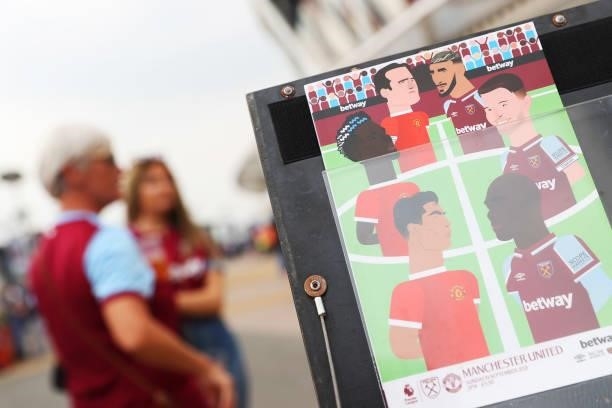 The match day programme is seen outside the stadium prior to the Premier League match between West Ham United and Manchester United at London Stadium...